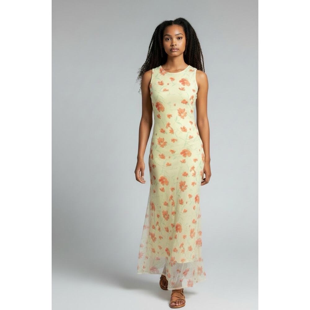 VTG 90s Y2K My Michelle Maxi Butter Yellow Floral Chiffon Overlay Fairycore 5/6
